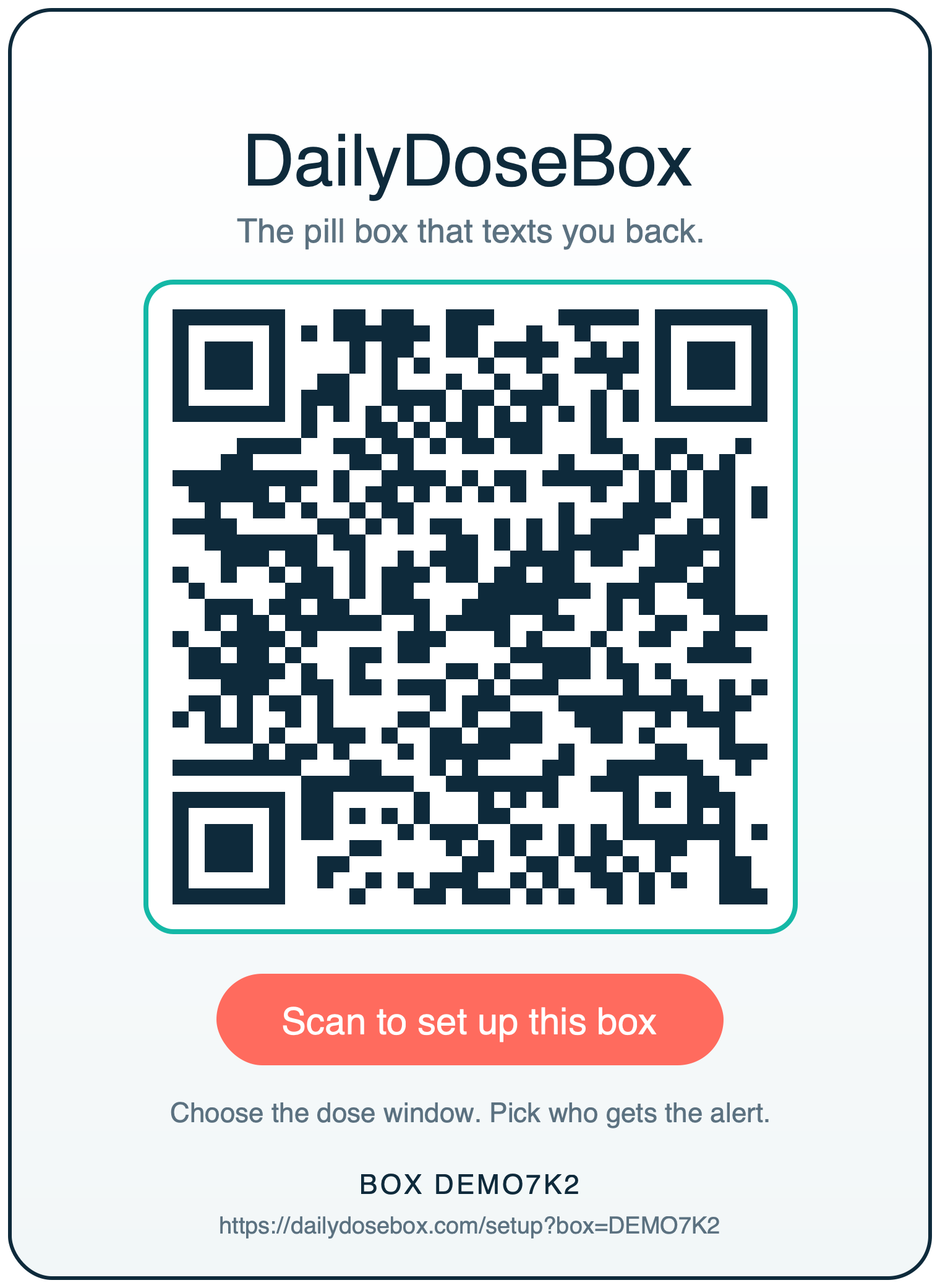DailyDoseBox QR card that resolves to a specific box's setup page